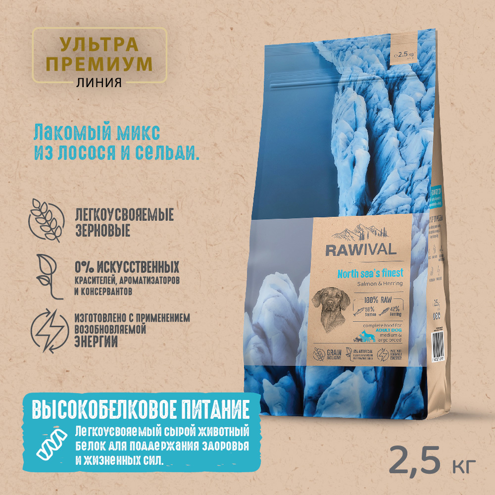 Сухой корм RAWIVAL для собак средних и крупных пород с лососем и сельдью - 2,5 кг