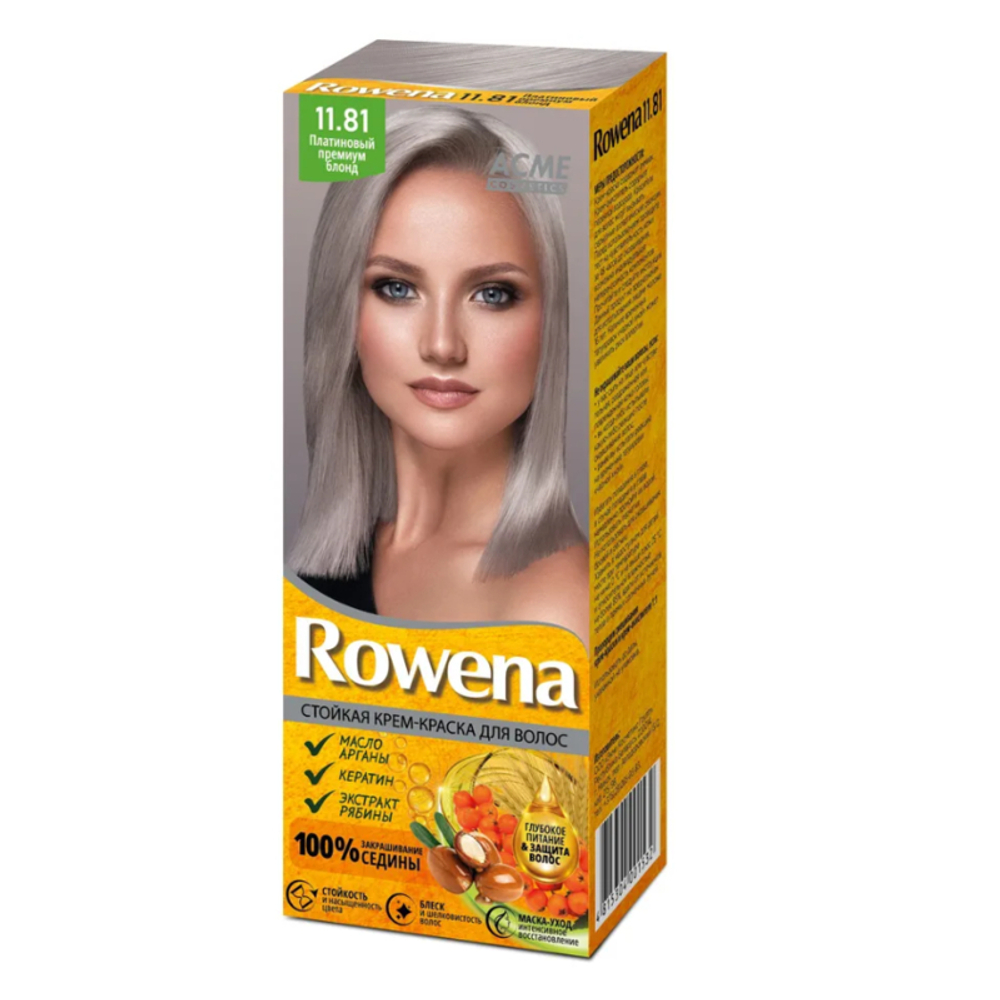 "ROWENA" Стойкая Крем-краска для волос тон 11,81 Платиновый Блонд (100% закрашивание седины) 115 мл