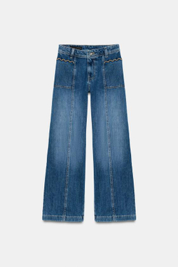 ZARA ДЖИНСЫ Z1975 КЮЛОТЫ С ВЫСОКОЙ ПОСАДКОЙ И ОТСТРОЧКОЙ, СИНИЙ