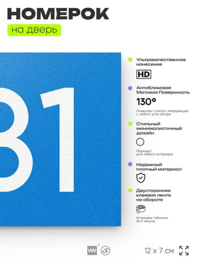 Номер на дверь 931, табличка на дверь для офиса, квартиры, кабинета, аудитории, склада, голубая 120х70 мм, Айдентика Технолоджи