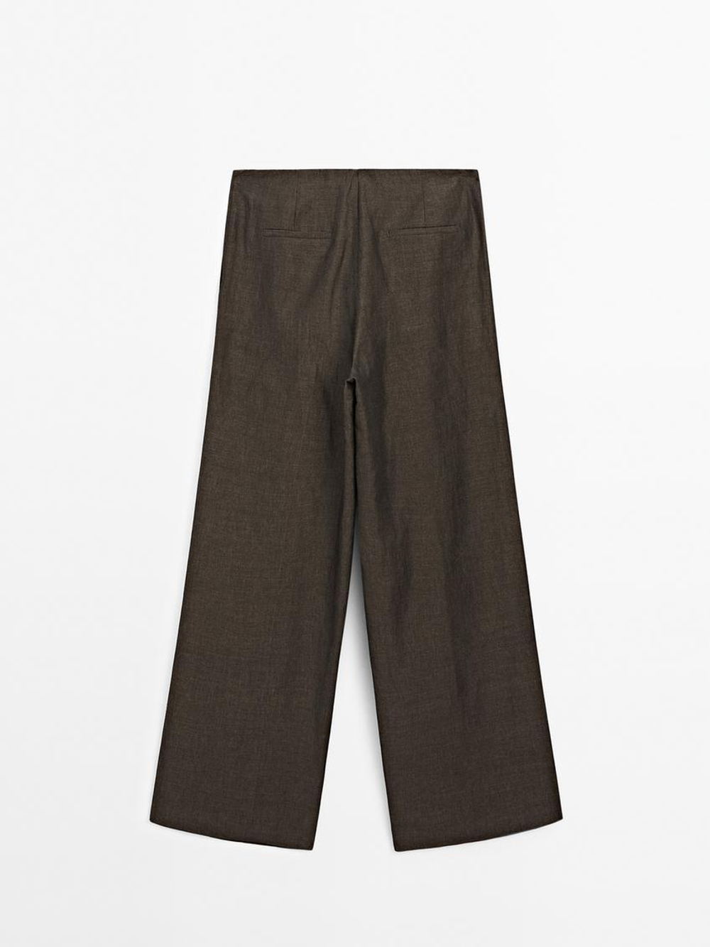Massimo Dutti Брюки свободного кроя из смесового льна со складками, коричневый
