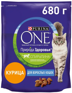 Purina ONE для взрослых кошек с Курицей (Спирулина) 680г.