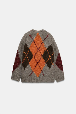 ZARА КАРДИГАН С УЗОРОМ «РОМБЫ», КОРИЧНЕВЫЙ С СЕРЫМ ОТТЕНКОМ