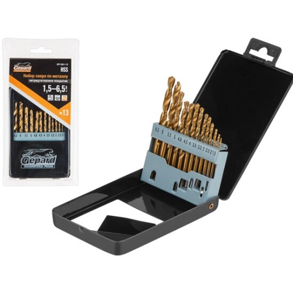 Gepard Набор сверл по мет. 13шт 1.5-6.5мм HSS TIN (сверло по металлу, нитридтитановое покрытие) (GP1301-13)
