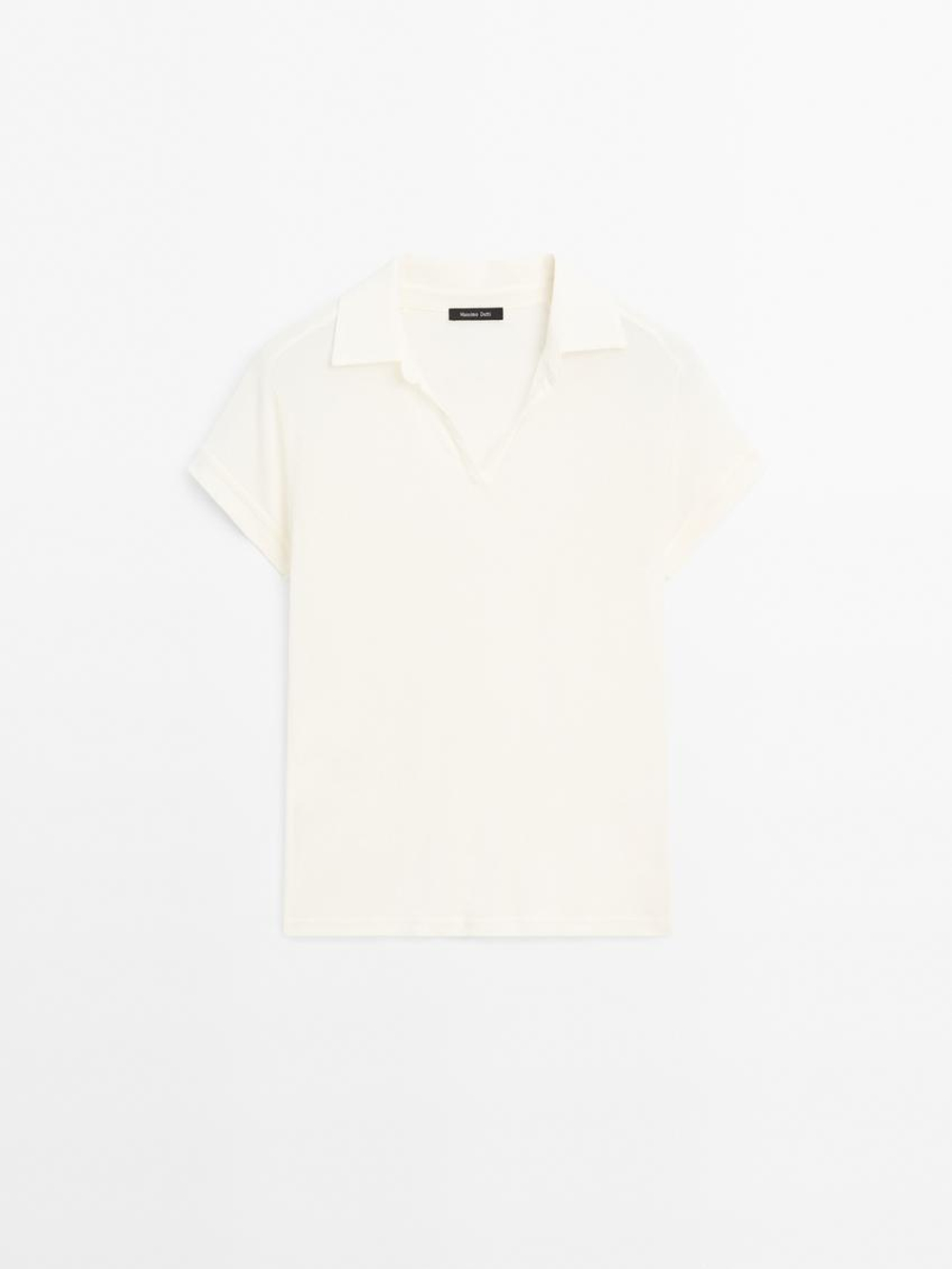 Massimo Dutti Футболка поло из 100% хлопка с коротким рукавом, кремовый
