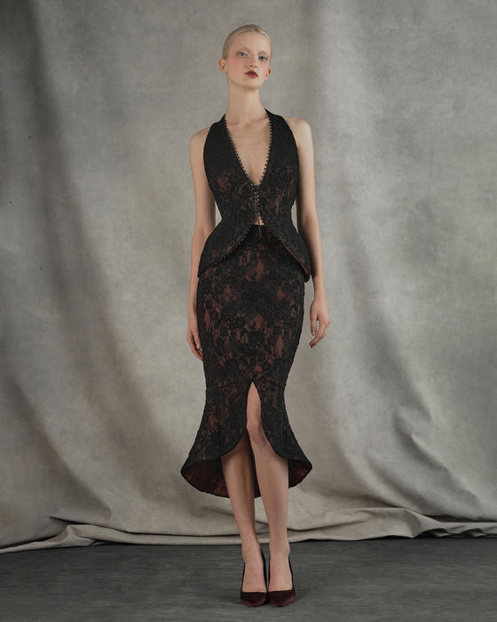 Юбка миди из кружева и сатина