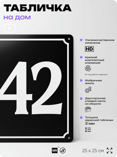 Адресная табличка с номером дома 142, на фасад и забор, черная, 25х25 см, Айдентика Технолоджи