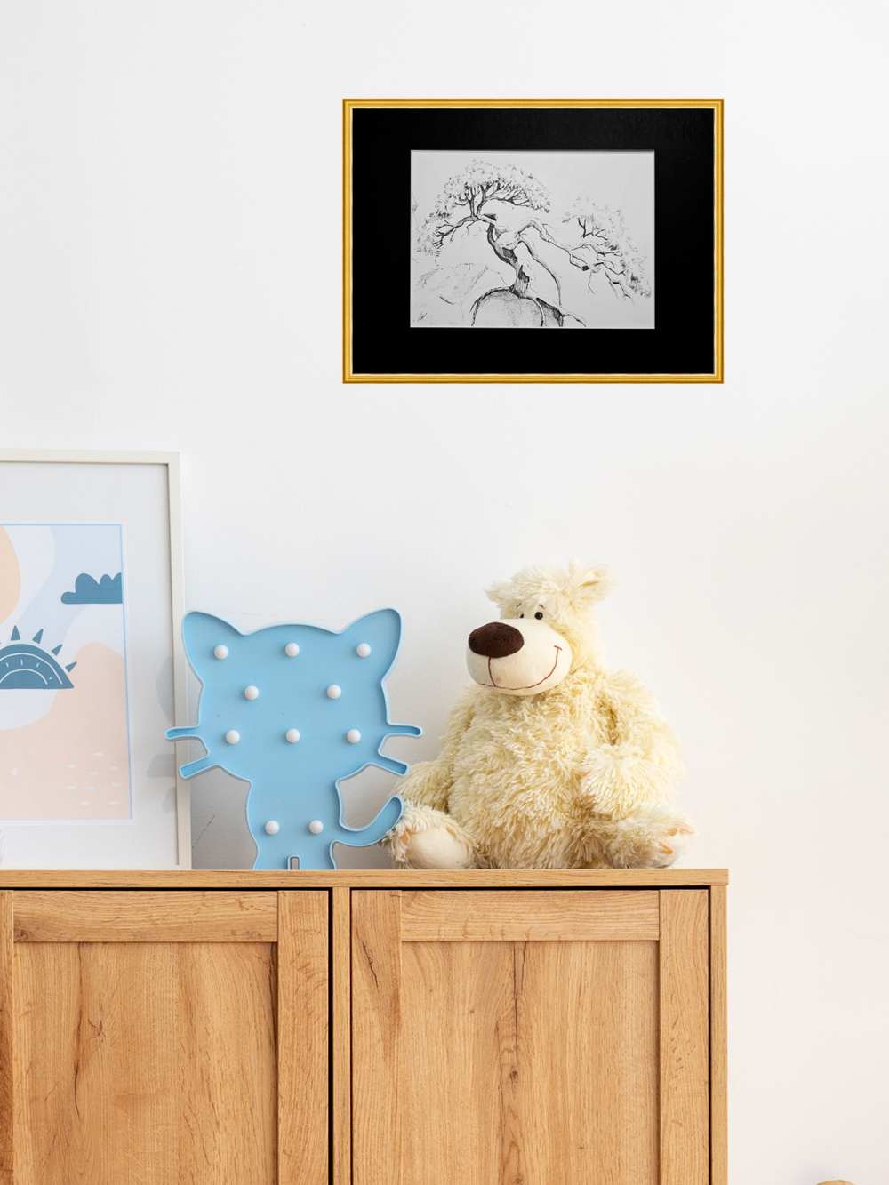 Картина, графика в паспарту 21х30 см на стену для интерьера "Сосна на утесе"