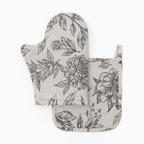 Набор кухонный «Этель» Black flowers: варежка-прихватка, прихватка, 100% хлопок, саржа 190 г/м²