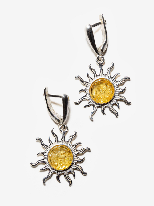 Серебряные серьги с цельным янтарем "Солнце", серебро 925 пробы