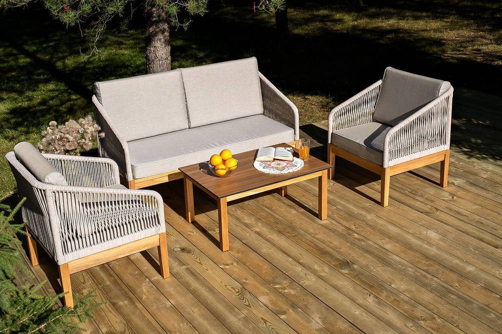 "Канны" лаунж-зона 4-местная из роупа со столиком "Канны" цвета "дуб", основание дуб, роуп бежевый