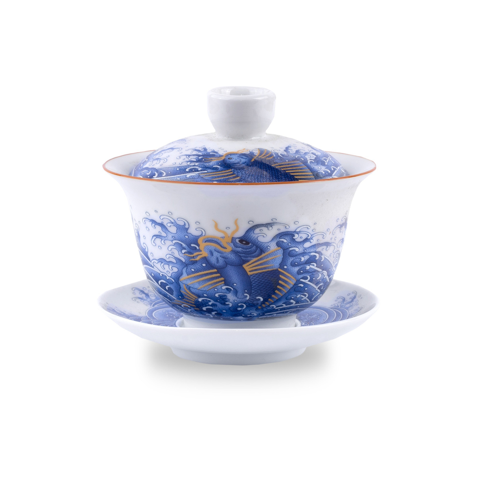 268130.1Y2 УЦЕНКА Гайвань УДАЧА "Синий карп" 180 мл, h=95мм, d=100мм, белый фарфор