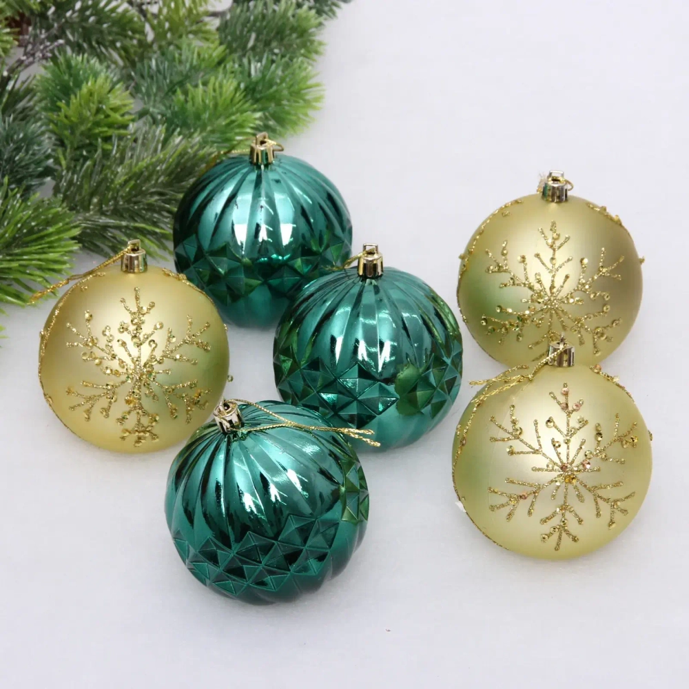 Новогодние шары «Волшебный бал» 8 см (набор 6 шт), Изумруд/Золото