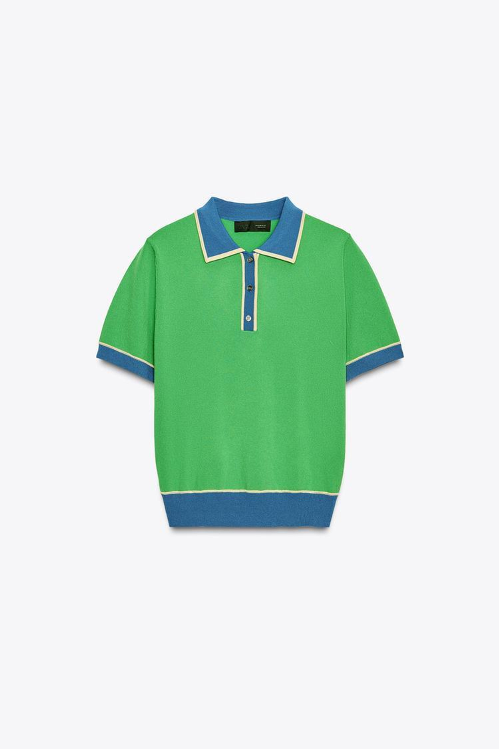 ZARA КОМБИНИРОВАННЫЙ ТРИКОТАЖНЫЙ ТОП-ПОЛО С КОРОТКИМИ РУКАВАМИ, ЗЕЛЕНЫЙ