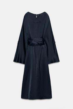 ZARA ПЛАТЬЕ МИДИ ИЗ СМЕСОВОГО ЛЬНА С ПОЯСОМ — ZW COLLECTION, СИНИЙ