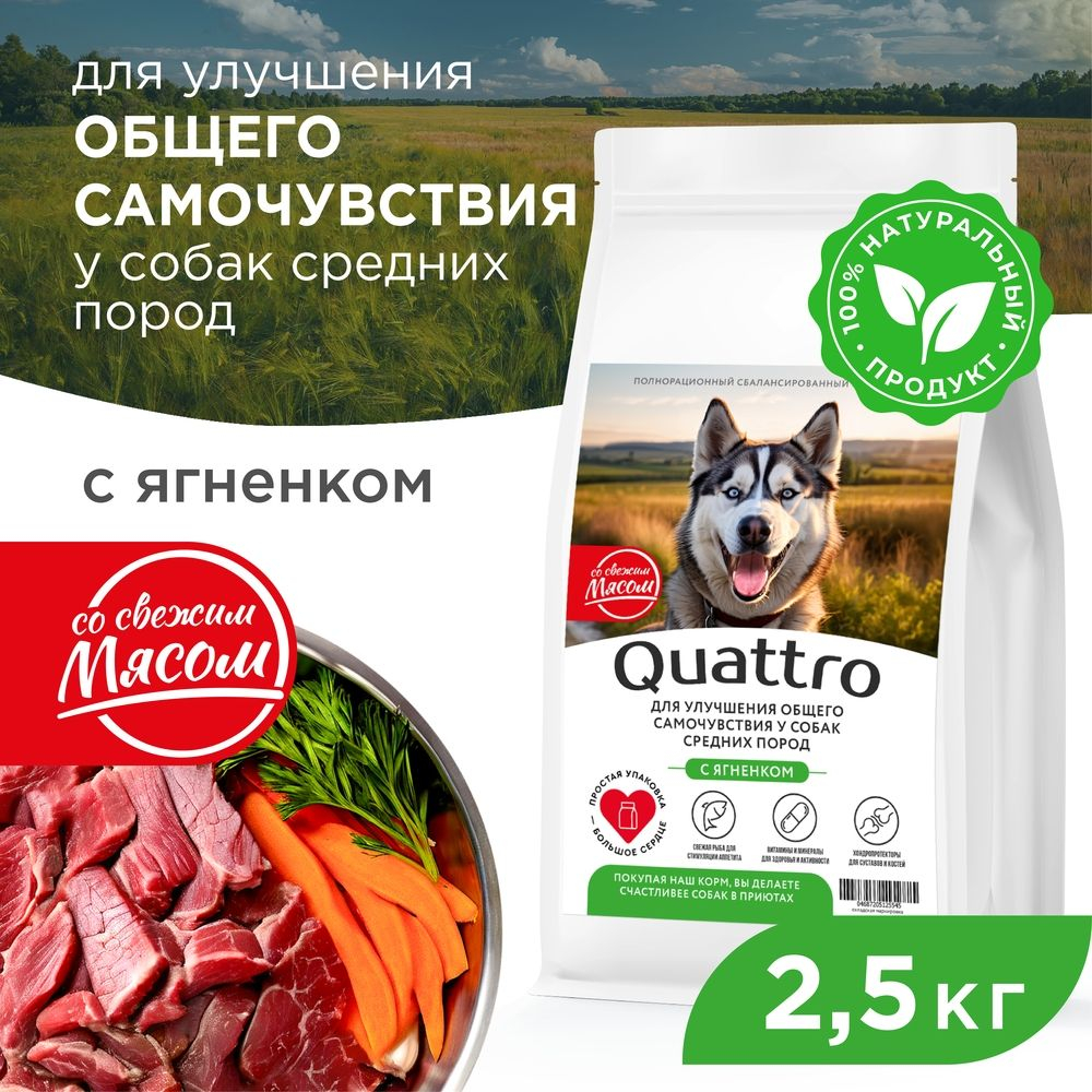 Корм сухой для собак средних пород, премиум полнорационный комплекс, улучшение общего самочувствия, с ягненком, 2,5 кг, QUATTRO