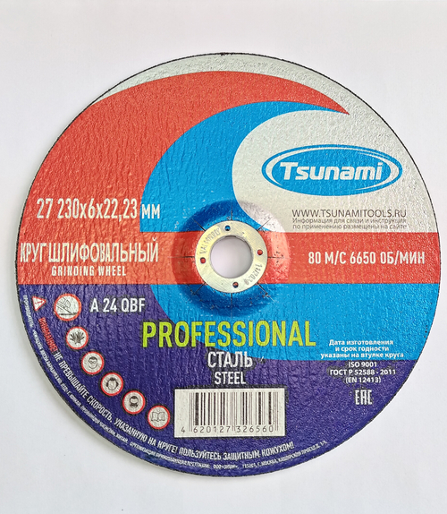 230х6х22 A 24 Q BF 80 круг зачистной по металлу PROFESSIONAL TSUNAMI (5 шт. упак)