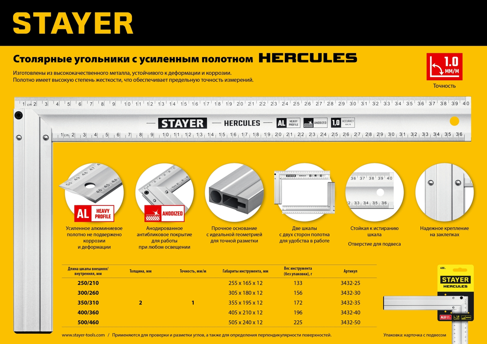 STAYER HERCULES 500 мм жесткий столярный угольник с усиленным алюминиевым полотном