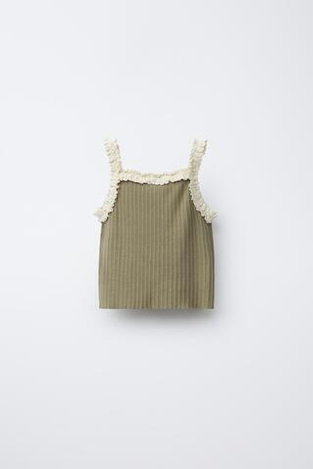 ZARA ТРИКОТАЖНЫЙ ТОП НА БРЕТЕЛЯХ С КРУЖЕВОМ, ХАКИ