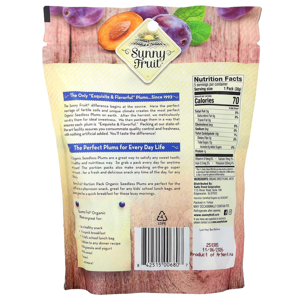 Sunny Fruit, органические сушеные сливы, 5 порционных пакетиков по 30 г (1,06 унции)