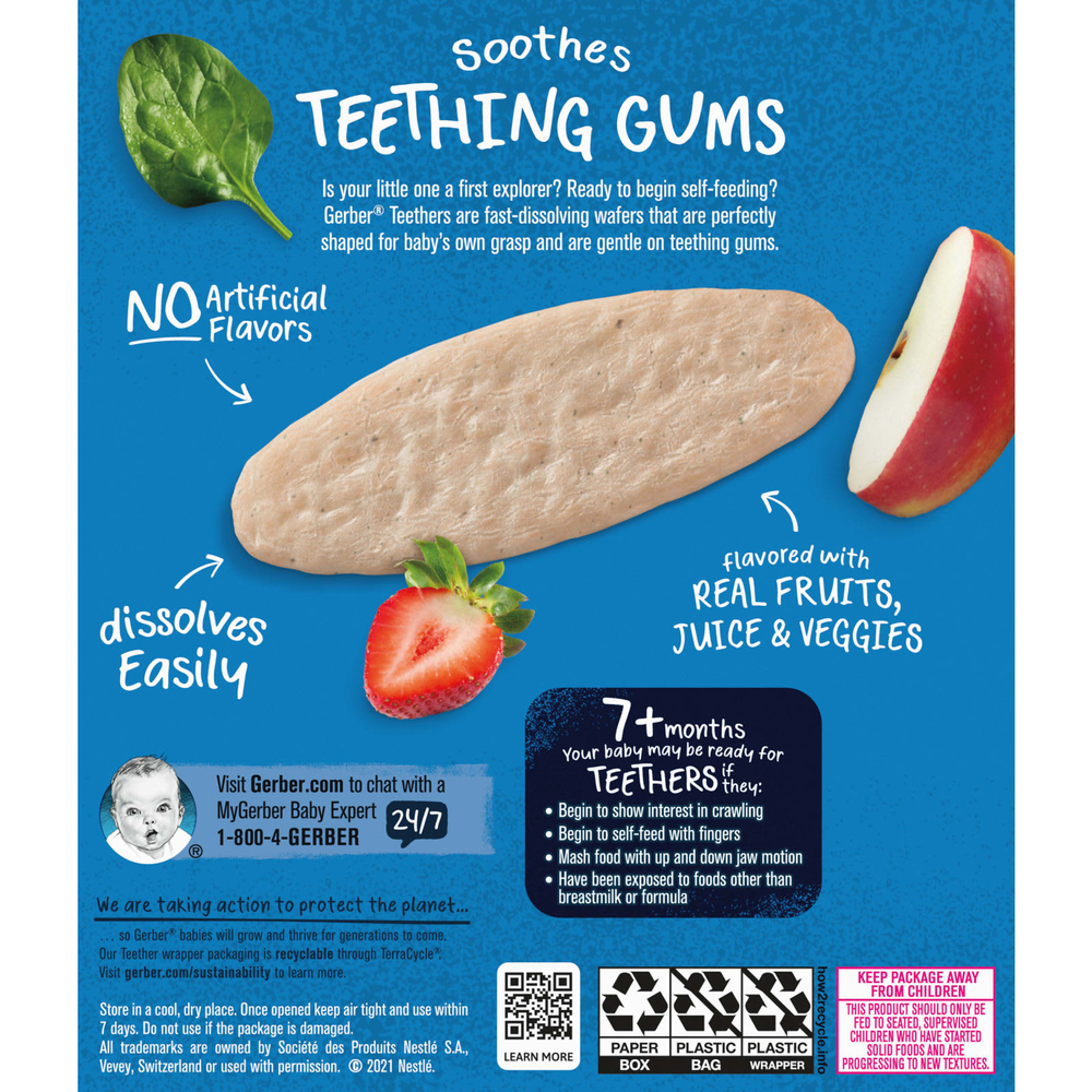Gerber, Детские снеки, прорезыватели, вафли для защиты зубов, от 7 месяцев, клубника, яблоко и шпинат, 12 пакетиков по 2 шт. В индивидуальной упаковке, по 2 вафли