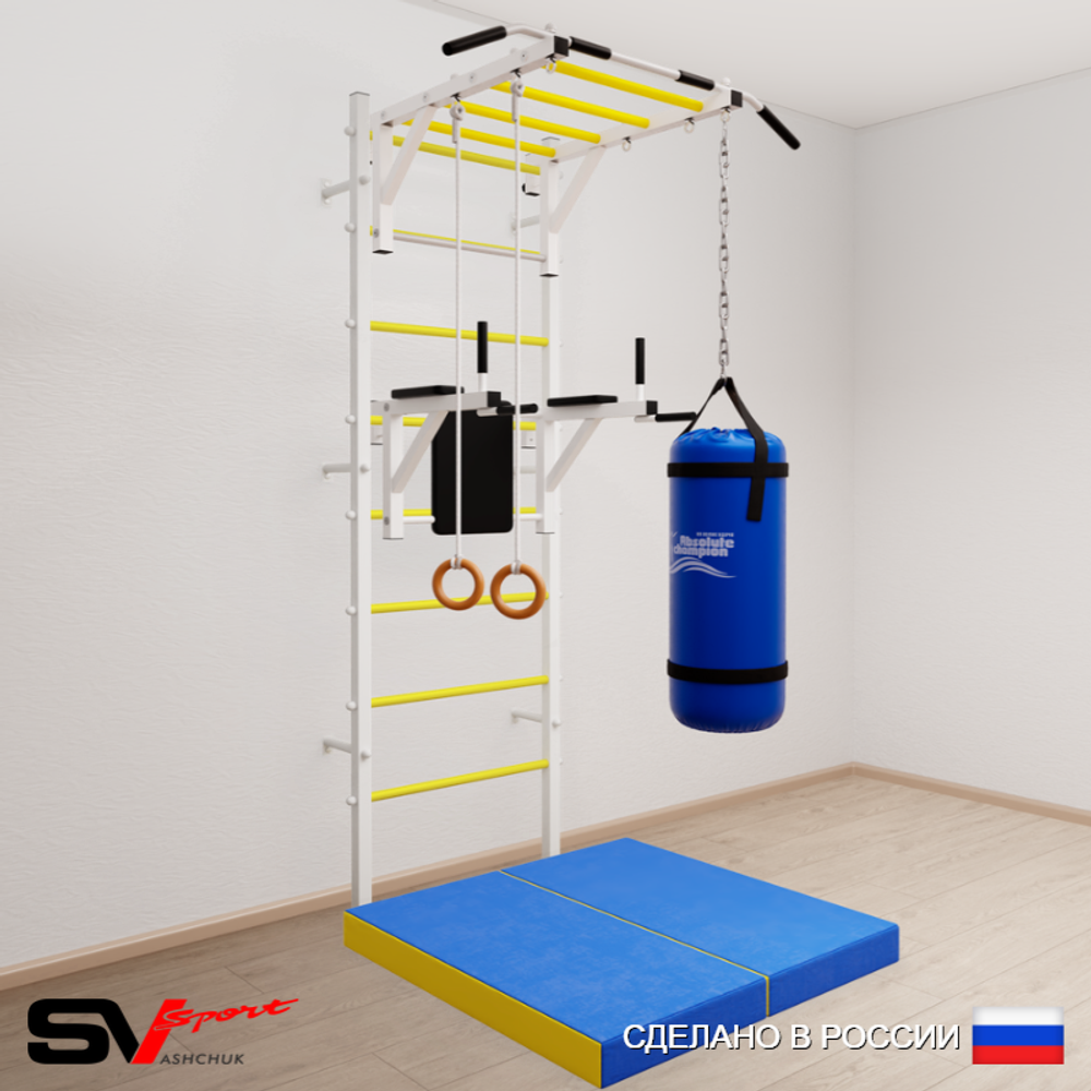 Шведская стенка Sv Sport усиленная 6416 (Турник рукоход/Брусья/Кольца/Цепь/Мешок 22кг/Мат 1м)