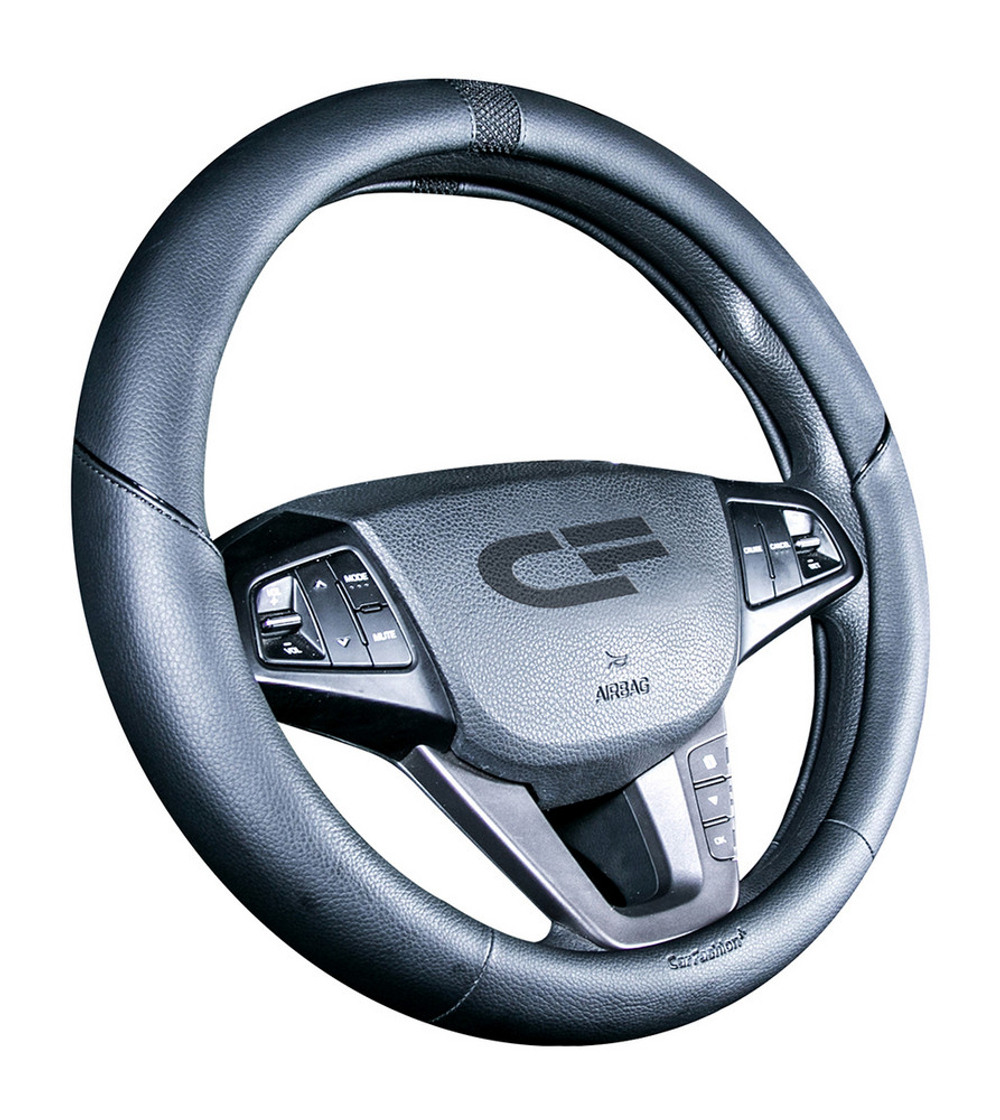 Оплетка на руль круглая CarFashion -М- «SECTOR» 31396 - Экокожа - черный/черный/шов черный