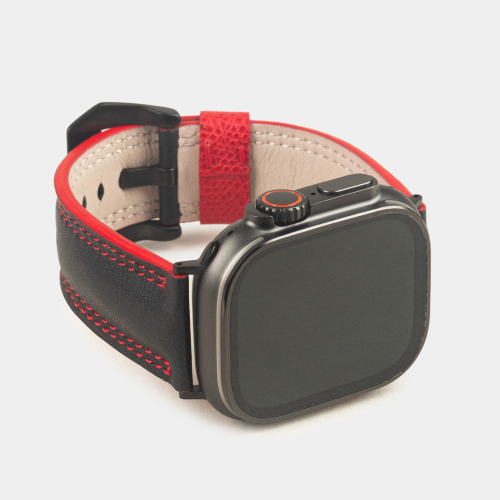 Ремешок для Apple Watch Ultra 49mm из кожи теленка черного цвета с красной строчкой