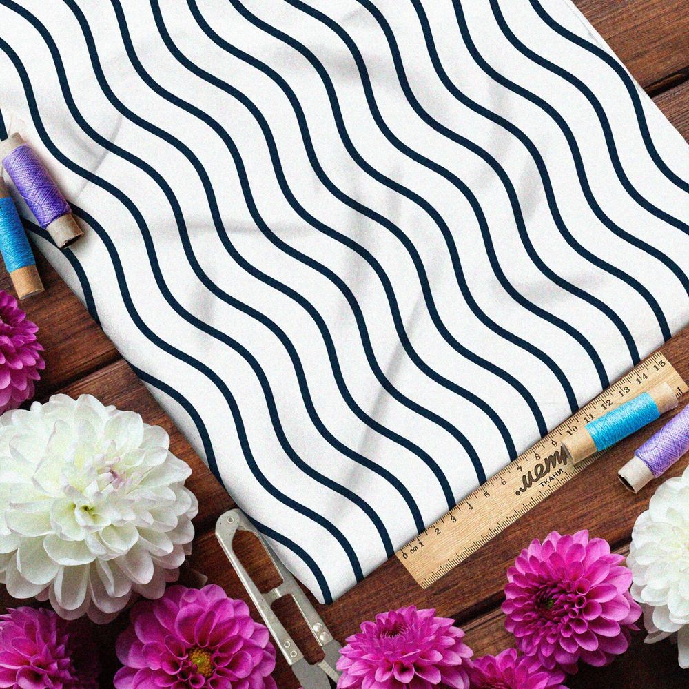 Ткань шелк Армани чёрные волны на белом фоне