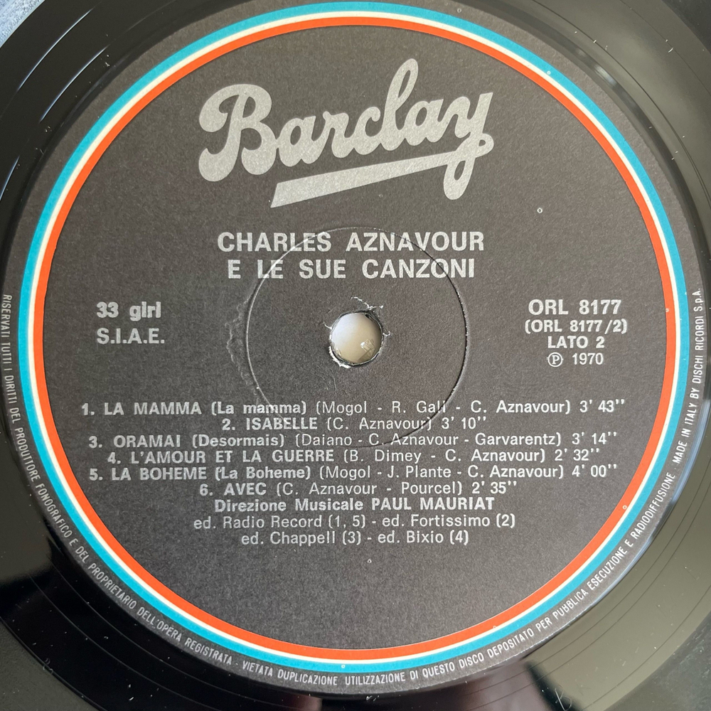 Винтажная виниловая пластинка LP Charles Aznavour Шарль Азнавур, Charles Aznavour E Le Sue Canzoni (Италия 1970)