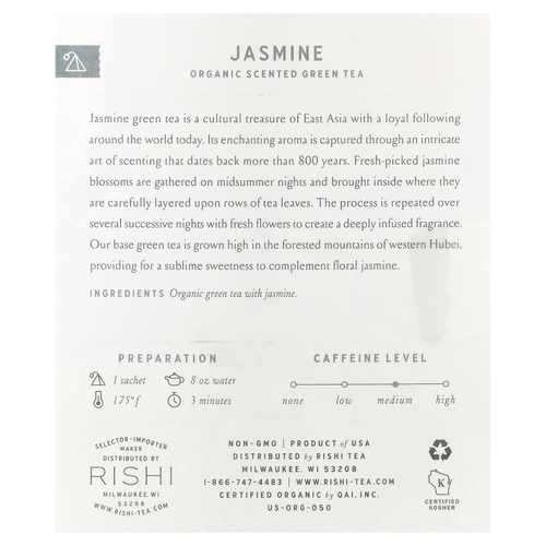 Rishi Tea, Органический ароматизированный зеленый чай, жасмин, 15 пакетиков, 36 г (1,26 унции)