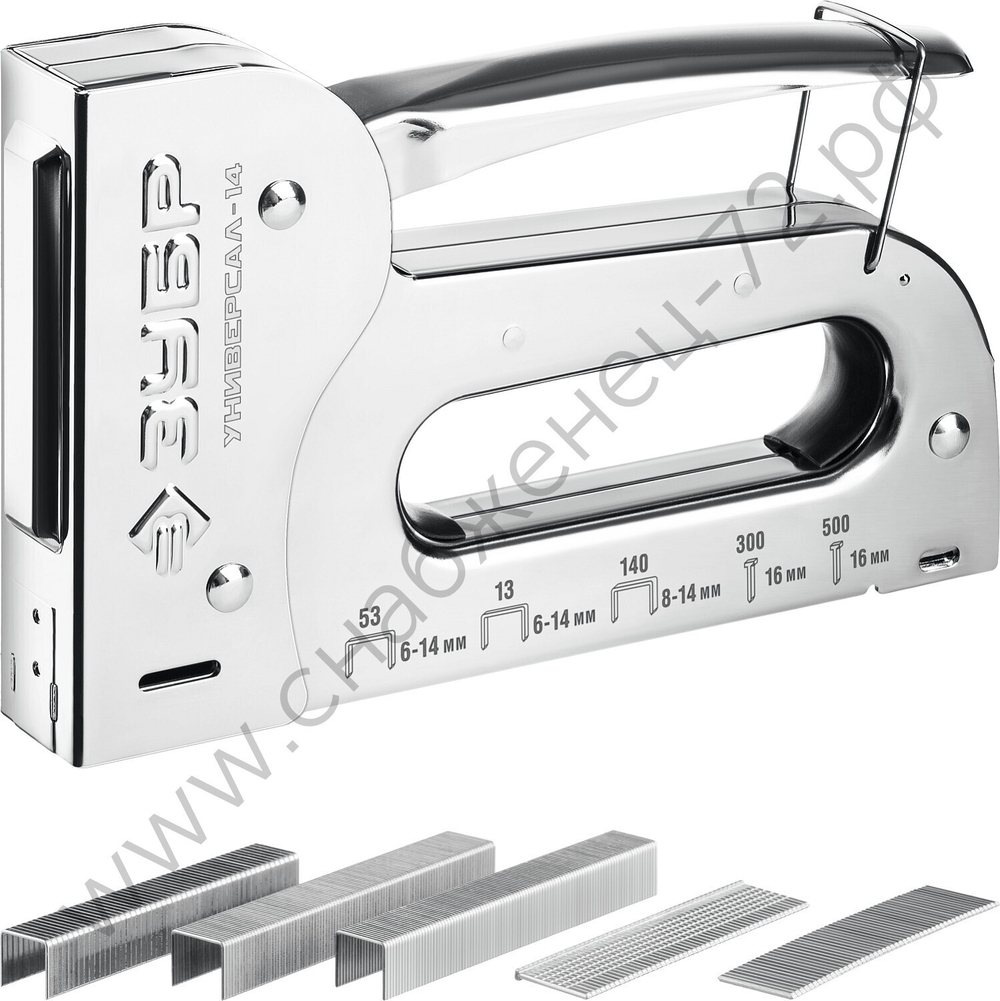 ЗУБР Универсал-14 6-в-1: 53 (A/10/JT21) 23GA (6-14 мм)/140 (G/11/57) 20GA(8-14 мм)/53F/13/300/500, Универсальный стальной степлер (31527)