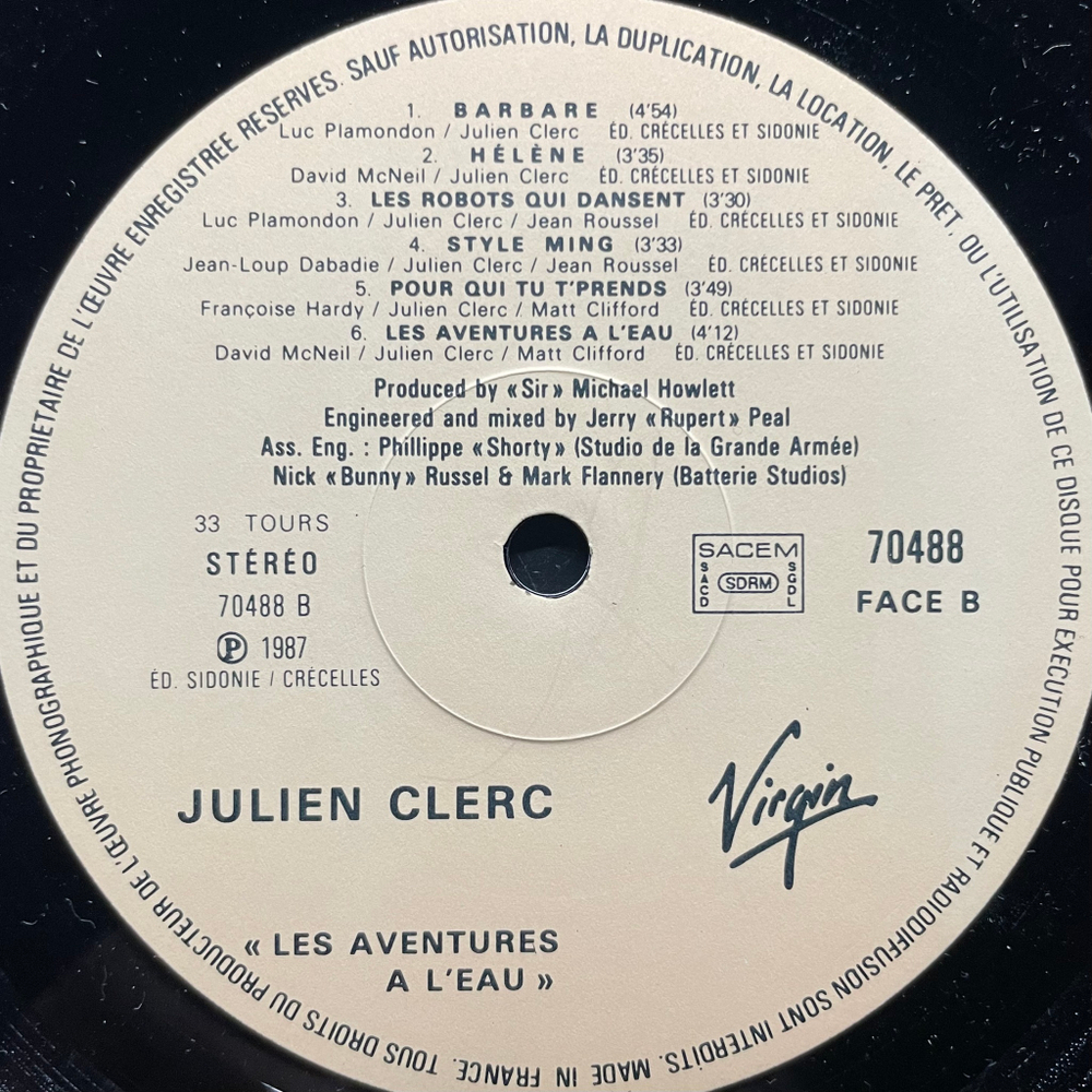 Julien Clerc ‎– Les Aventures À L'eau (Франция 1987г.)