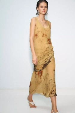 ZARA ПЛАТЬЕ С ПРИНТОМ — ZW COLLECTION, ЦВЕТ ОЛИВКОВОГО МАСЛА