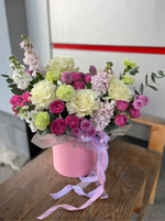 Композиция в шляпной коробке с французскими розами и маттиолой