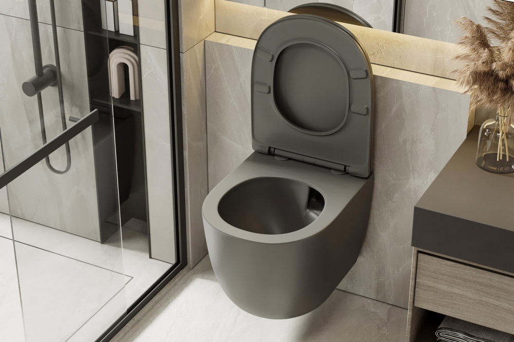 Унитаз ABBER Bequem AC1101TMG подвесной серый матовый, безободковый, смыв торнадо