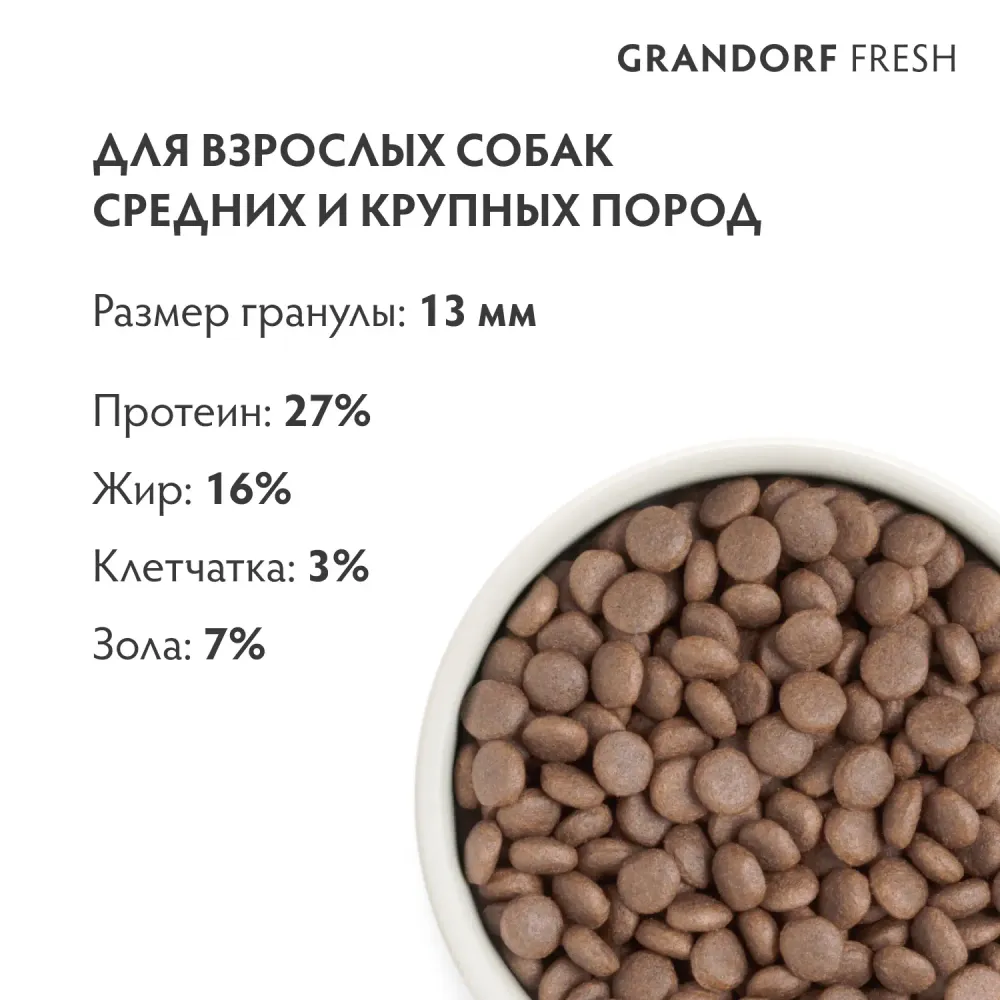 Уценка! Срок 16.03 / Сухой корм GRANDORF Fresh Dog Adult Med&Maxi Turkey&Sweet Potato для собак средних и крупных пород из свежего мяса индейки с бататом