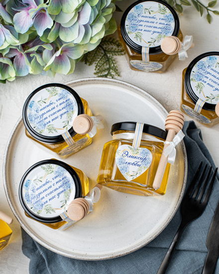 Набор свадебных бонбоньерок (свадебные комплименты для гостей) "Сладкие воспоминания", 6 баночек с медом по 140 грамм в голубом цвете