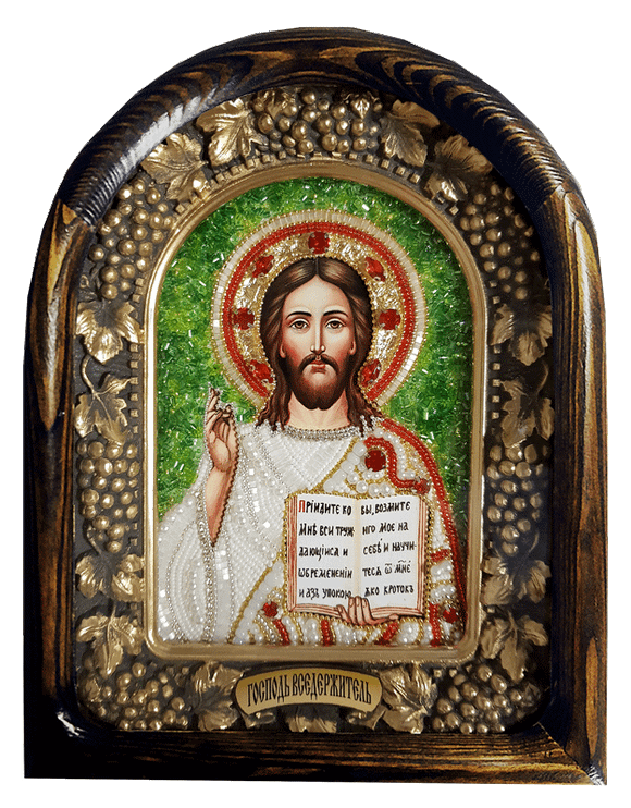 Дивеевская икона Господь Вседержитель, печать, горный хрусталь, бисер