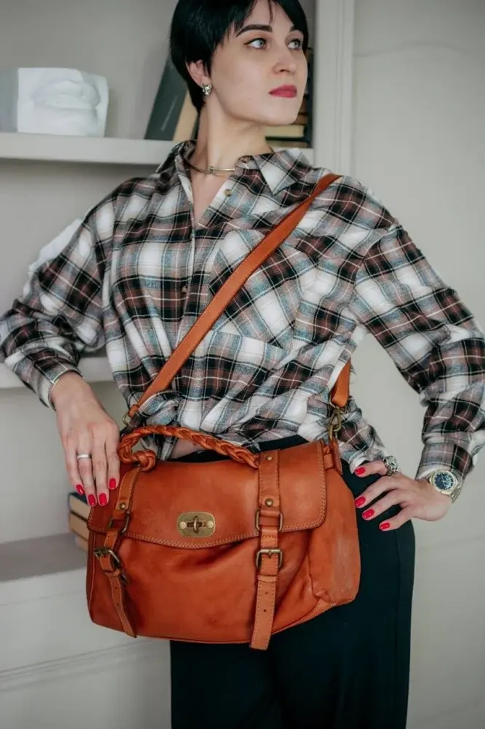 Женская сумка-портфель из натуральной кожи цвета whisky