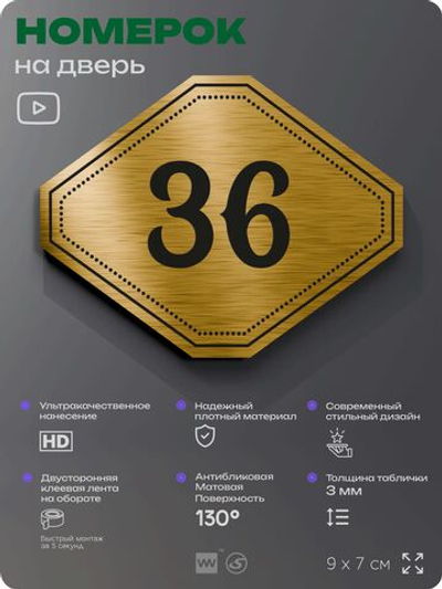 Номерок на дверь квартиры 36, для кабинета, офиса, шильдик 9 х 7 см, золотистый, Айдентика Технолоджи