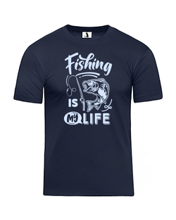 Футболка рыбака Fishing is my life классическая прямая темно-синяя с голубым рисунком
