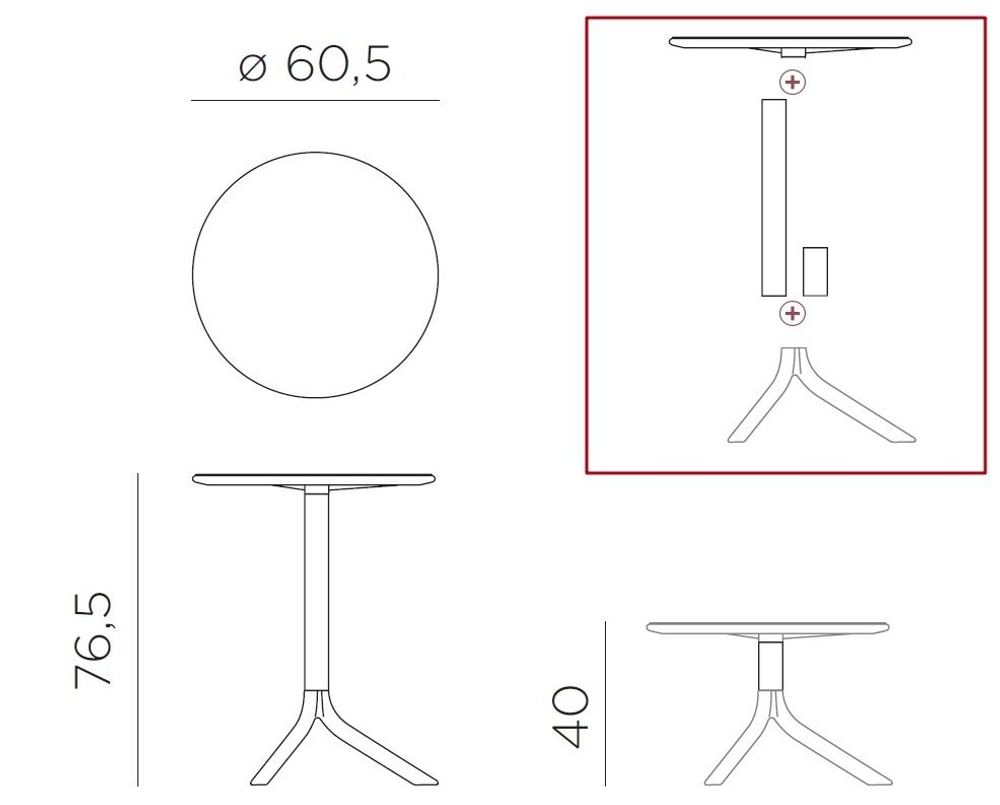 Стол пластиковый обеденный Nardi Spritz + Spritz Mini, красный, Ø605х400-765 мм