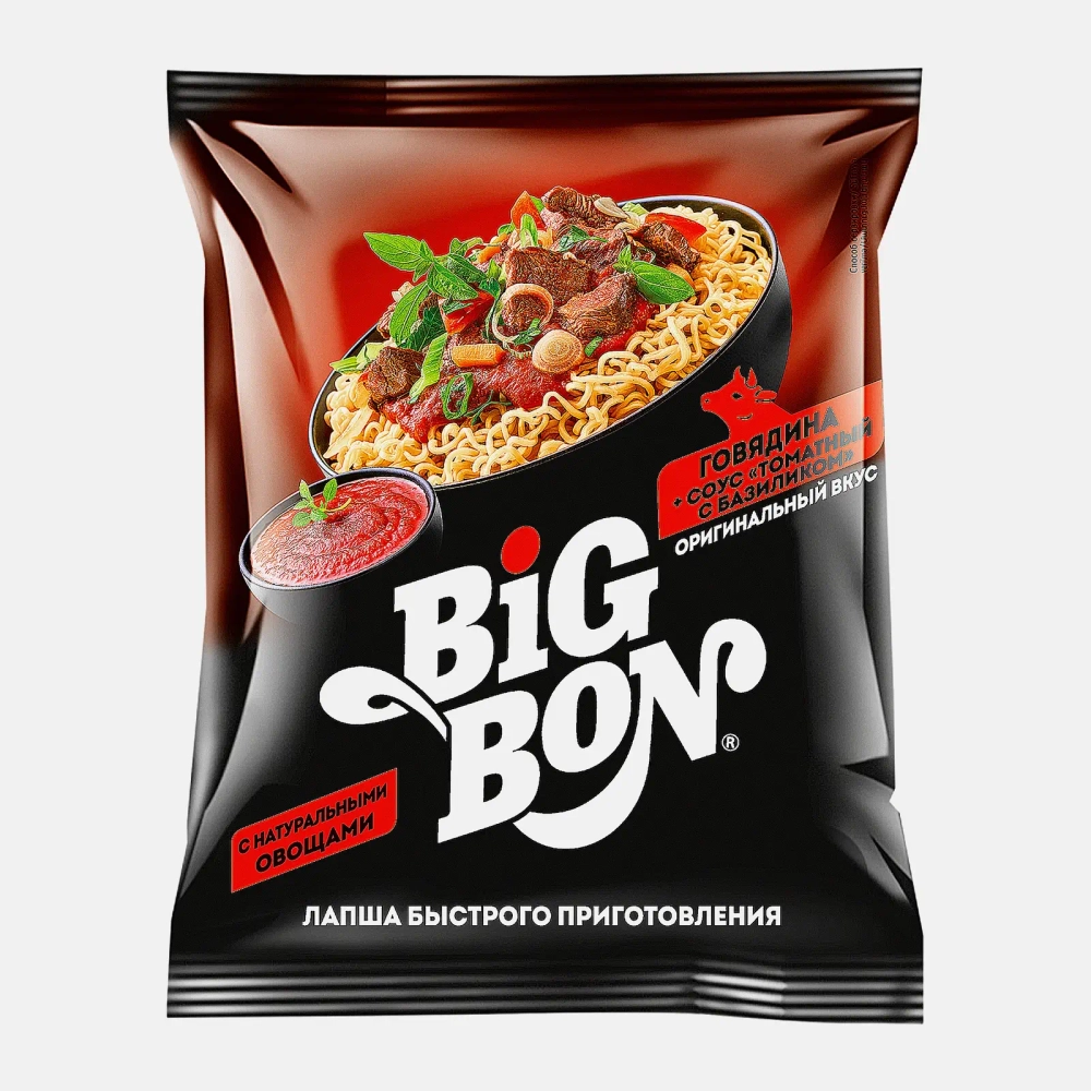 Лапша Big Bon говядина + соус томатный с базиликом 75г