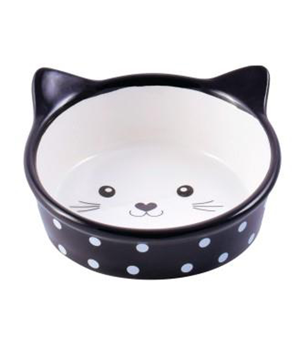 Mr.Kranch Миска керамическая для кошек Мордочка кошки 250 мл черная в горошек