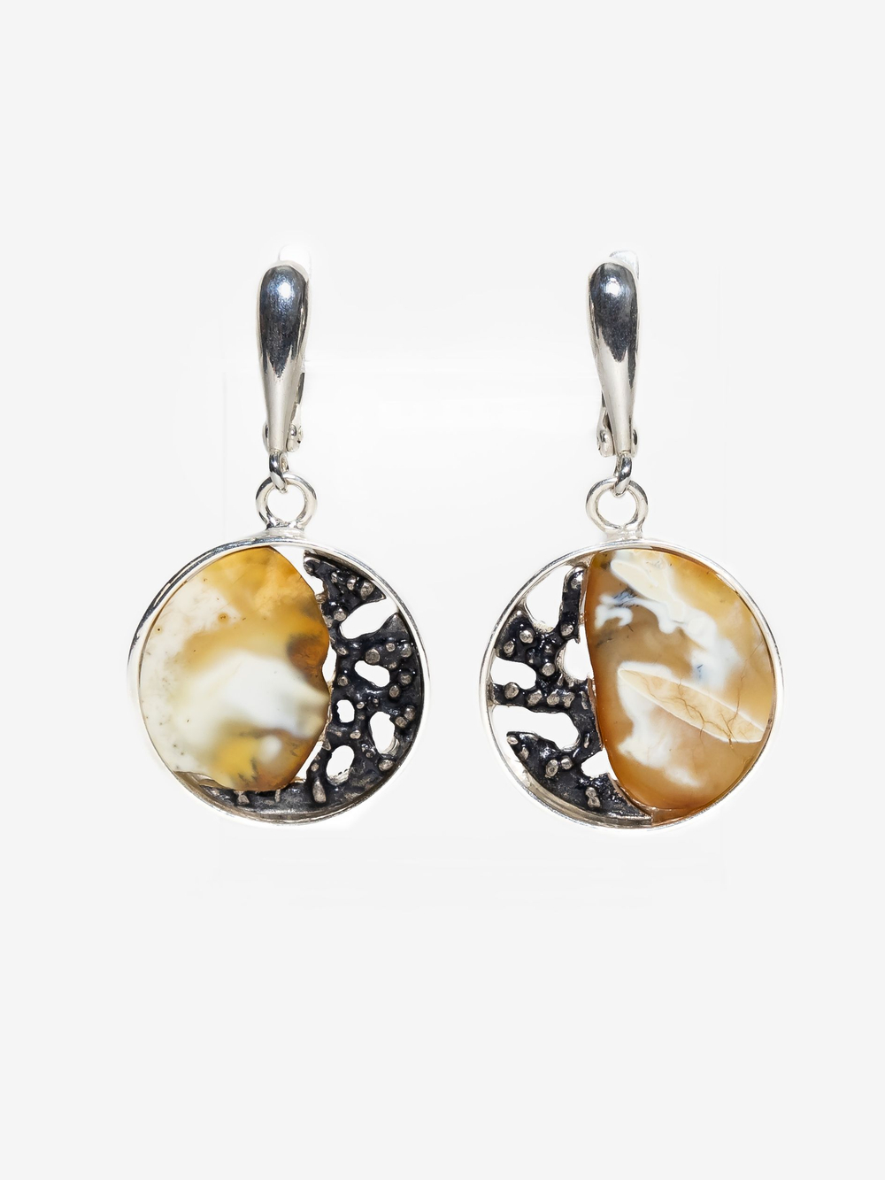 Уникальный серебряный комплект с цельным пейзажным янтарем, серебро 925 пробы