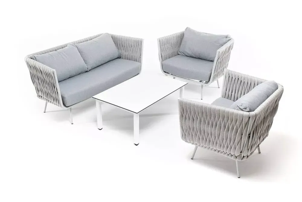 "Монако" лаунж-зона 4-местная из роупа со столом "Верона" (серый гранит), каркас светло-серый, роуп светло-серый