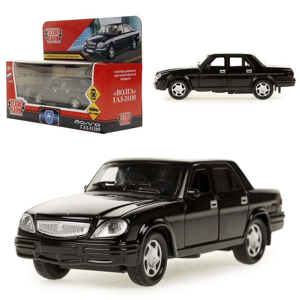 Модель ин. мет. "ГАЗ-31105 Волга" 12см, двери, багаж, черный, коробка 3110-12-BK (Технопарк)
