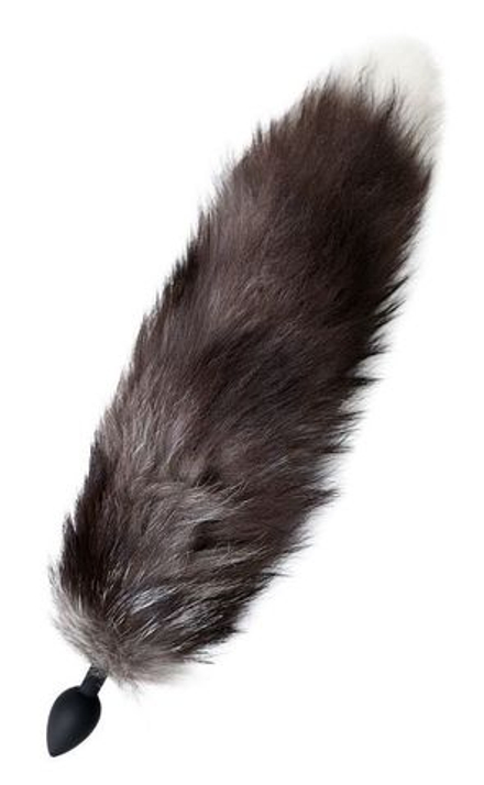 Черная силиконовая анальная втулка с хвостом чернобурой лисы - размер S