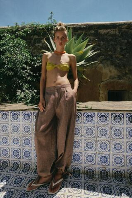 ZARA БРЮКИ-БАГГИ ИЗ СМЕСОВОГО ЛЬНА С ЗАВЯЗКАМИ, КОРИЧНЕВЫЙ/ЭКРЮ